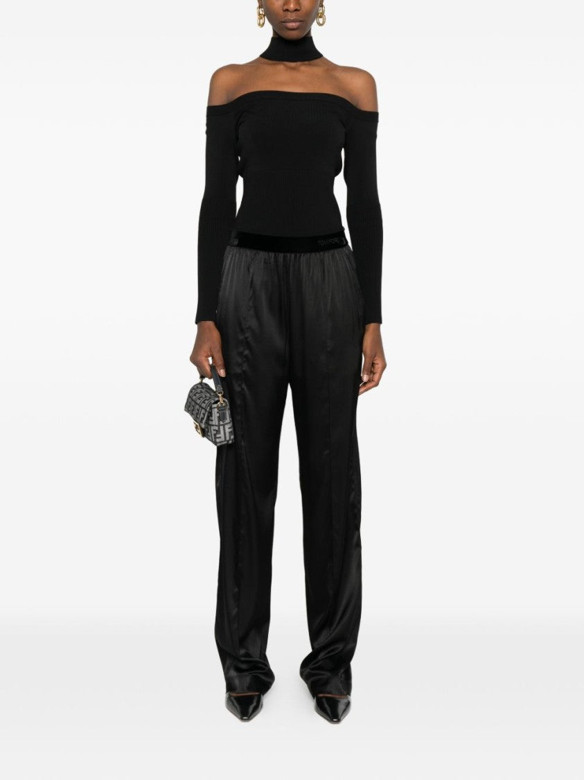 Tom Ford Black Silk Velvet Waistband Straight-Leg Pants