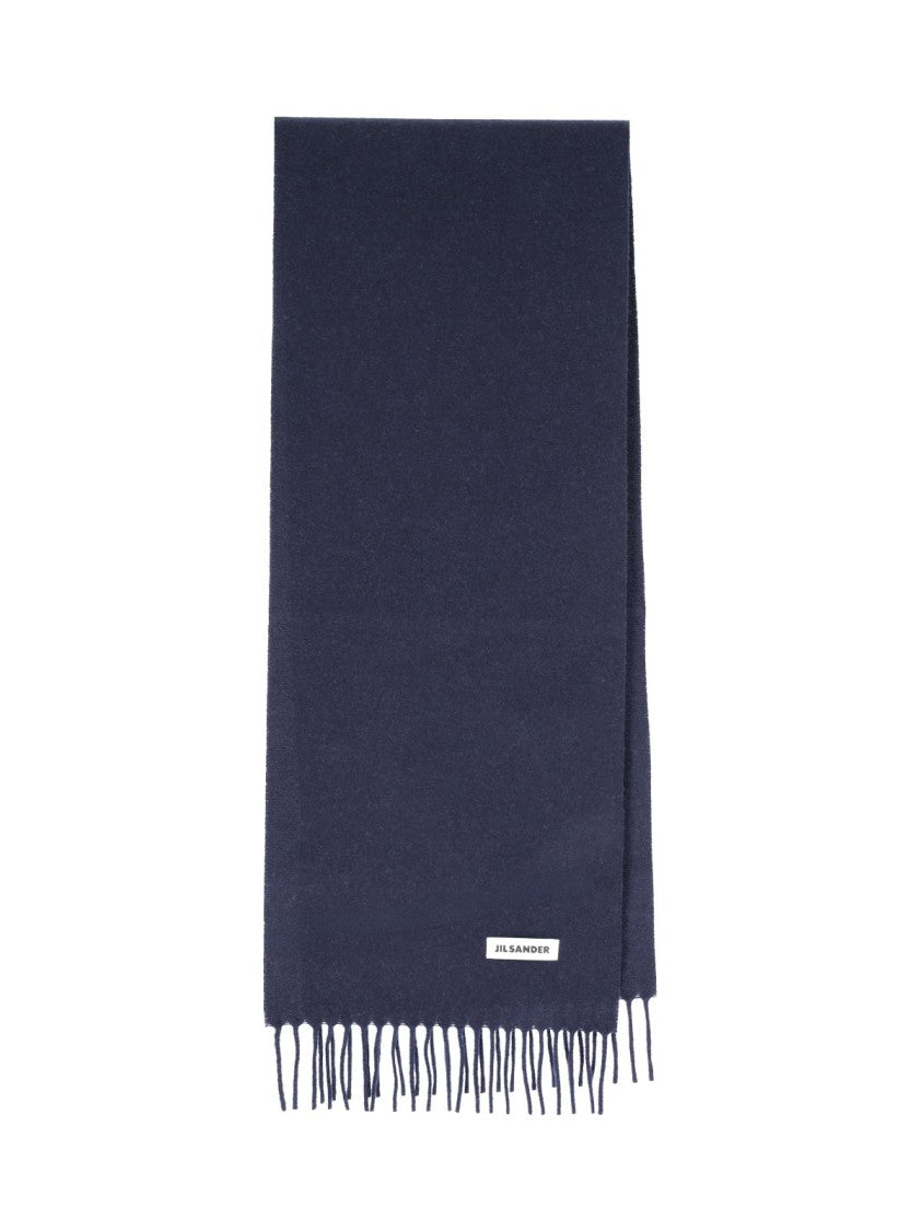 Jil Sander Rectangular Navy Blue Virgin Wool Scarf With Logo Patch