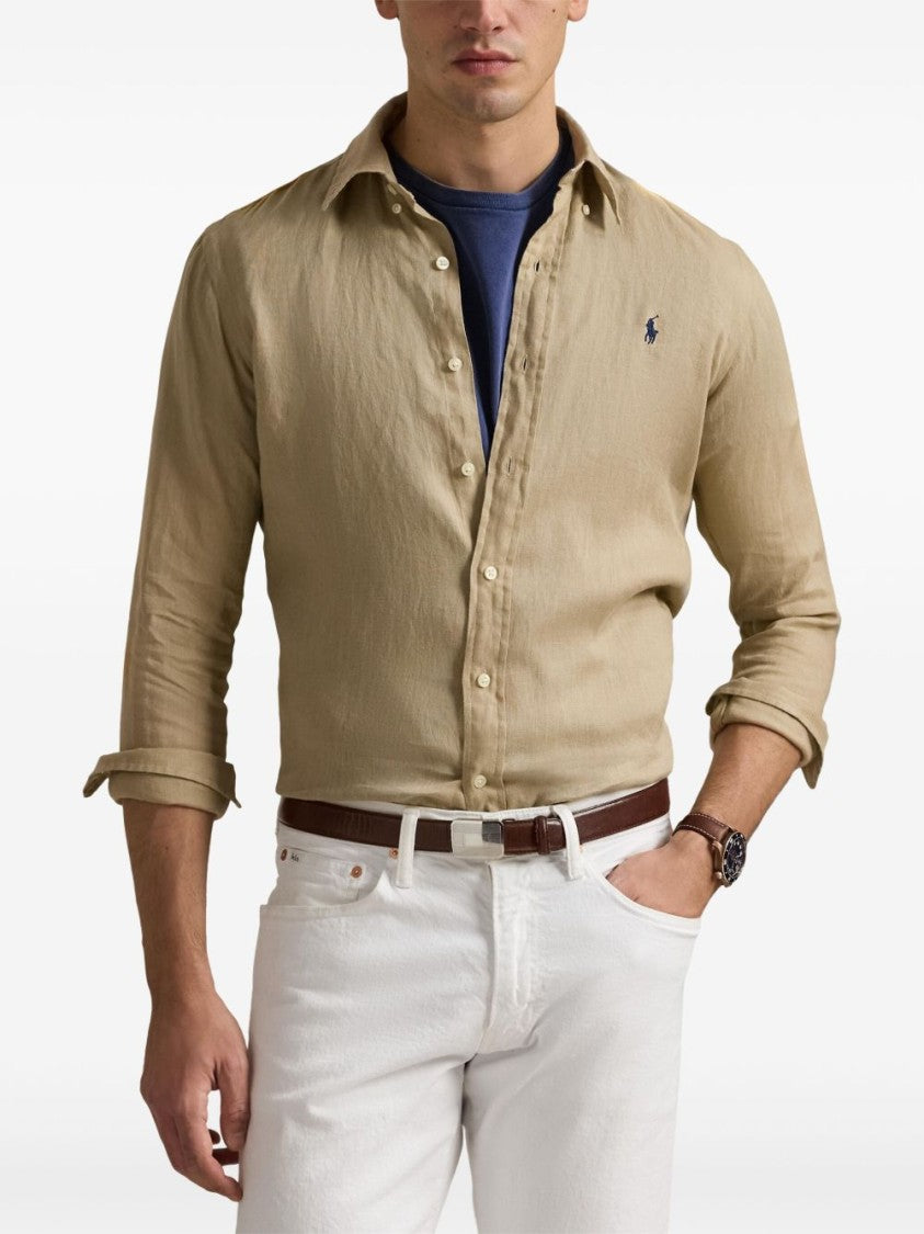Polo Ralph Lauren Breathable Beige Linen Shirt With Button-Down Collar