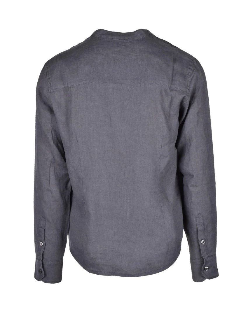 Alpha Studio Grey Linen Mandarin Collar Shirt