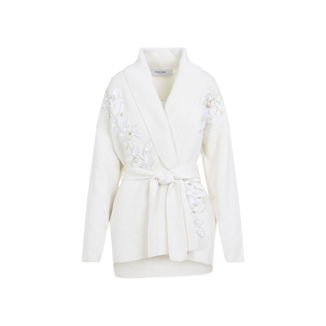 Golden Goose Shawl Collar Cardigan With Floral Embroidery And Self-Tie Belt