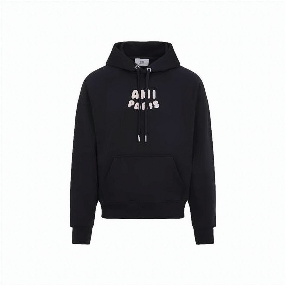 Ami Paris Textured Logo Black Hoodie With Drawstring