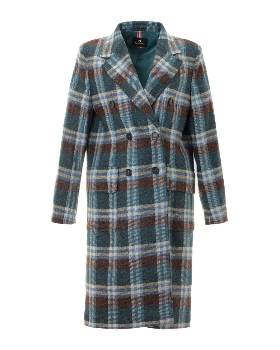 Paul Smith Double-Breasted Green Check Pattern Long Coat