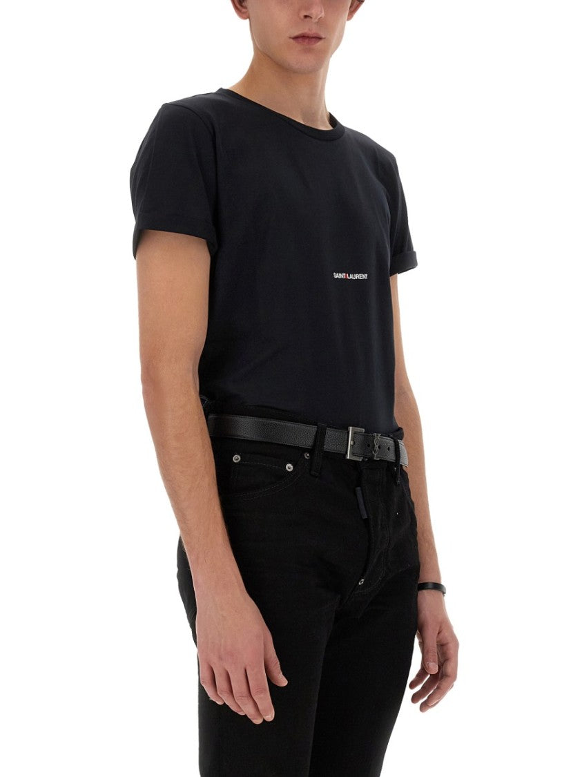 Saint Laurent Black Cotton T-Shirt With Centered Logo Print
