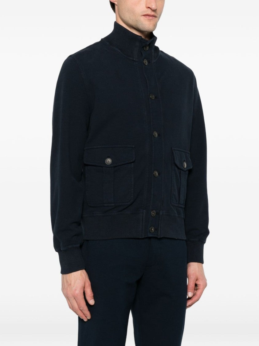 Circolo 1901 Navy Blue High Neck Casual Jacket With Ribbed Details