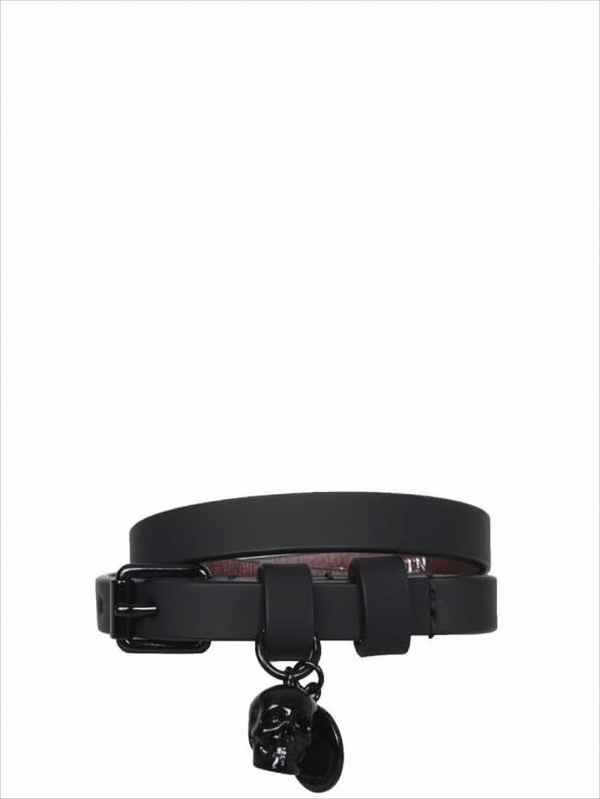 Alexander Mcqueen Narrow Black Bracelet With Skull Medallion Charm