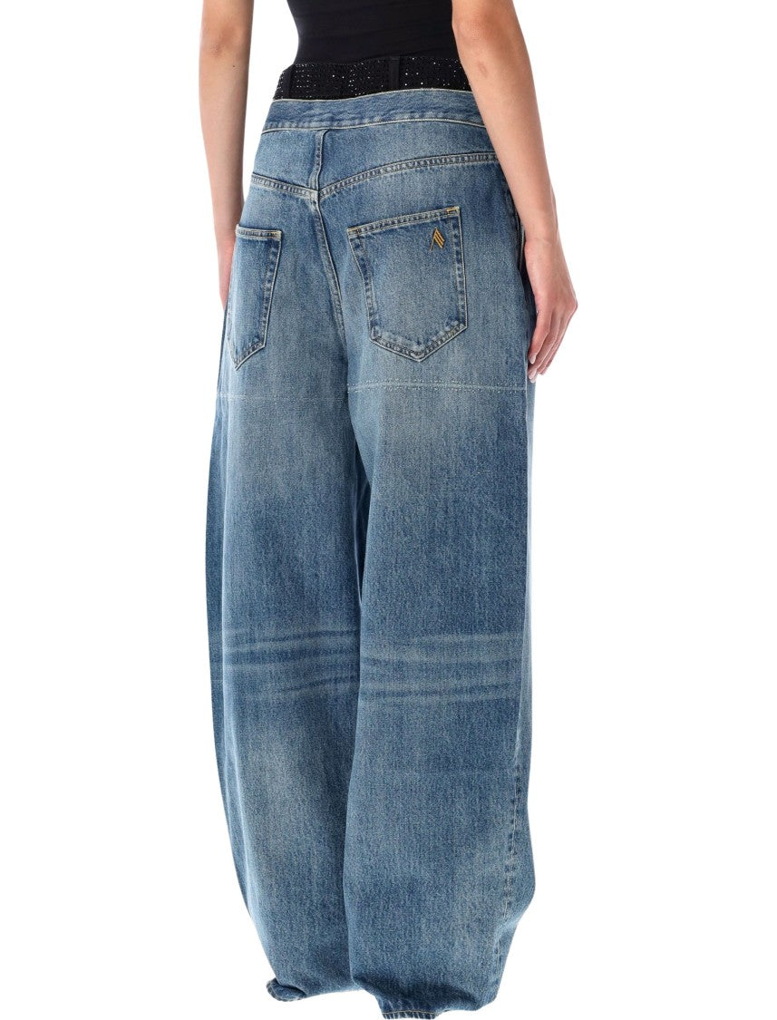 The Attico Strass Layered-Waist Wide-Leg Jeans