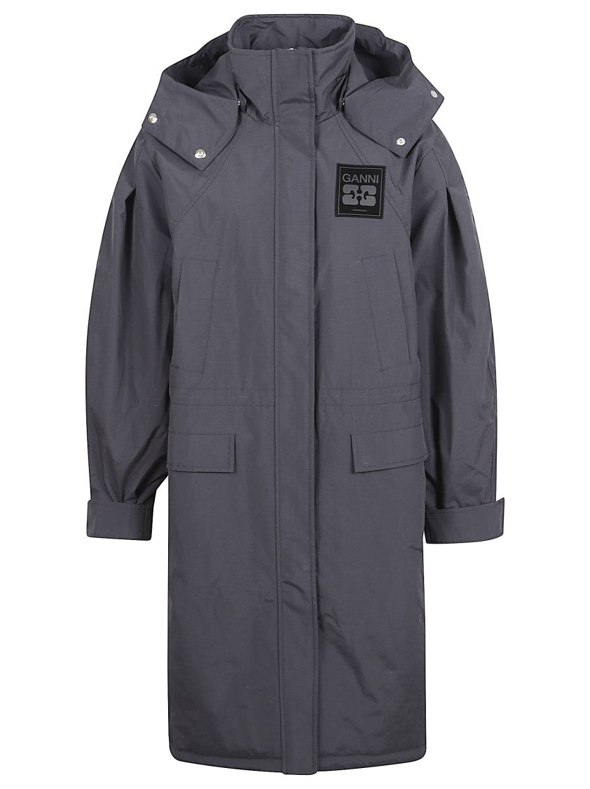 Ganni Long Grey Coat With Removable Hood
