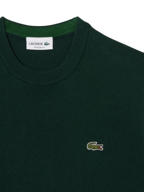 Lacoste Crewneck Knit Sweater In Deep Green Wool-Polyester Blend