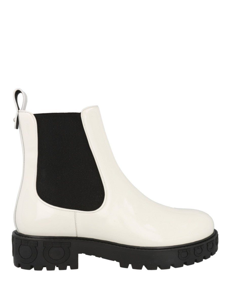 Ferragamo Varsi Patent Leather Bootie With Block Heel And Studded Accent