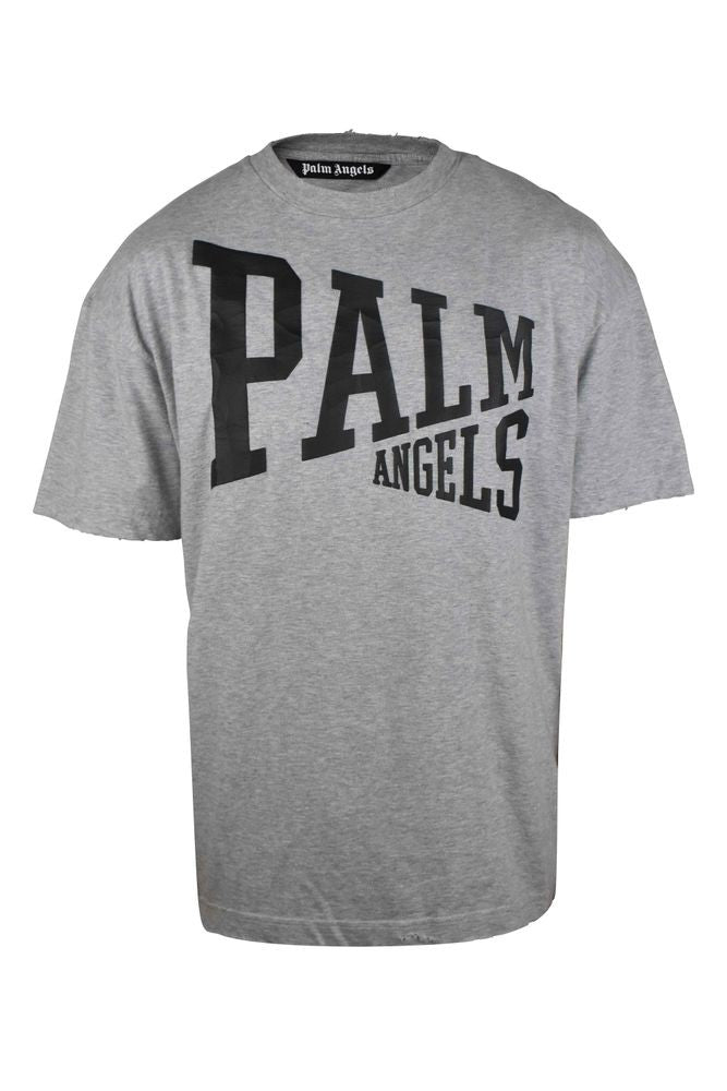Palm Angels Vintage-Inspired Grey Cotton T-Shirt With Cracked Logo