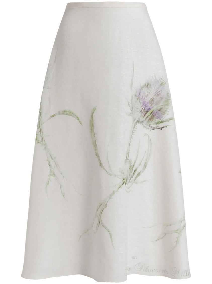 Alberta Ferretti Off-White Botanical Print Linen Midi Skirt