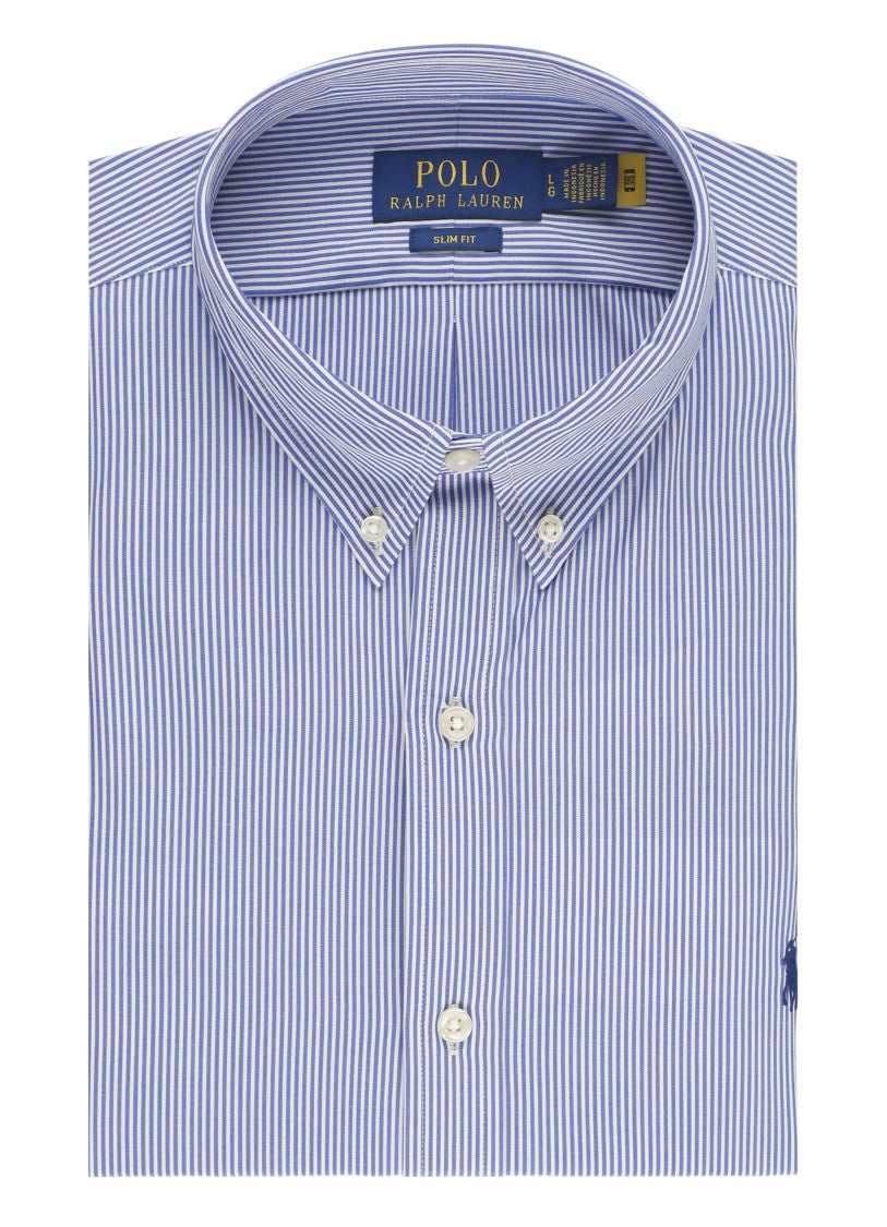 Polo Ralph Lauren Blue Embroidered Pony Striped Cotton Slim Shirt