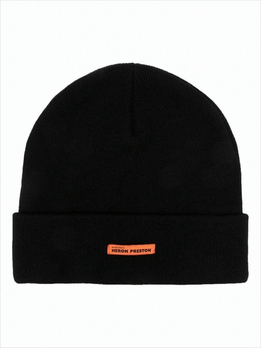 Heron Preston Black Wool Beanie With Folded Cuff And Orange Label