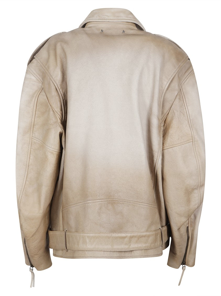 Golden Goose Beige Buckled Belt Leather Leather Jacket