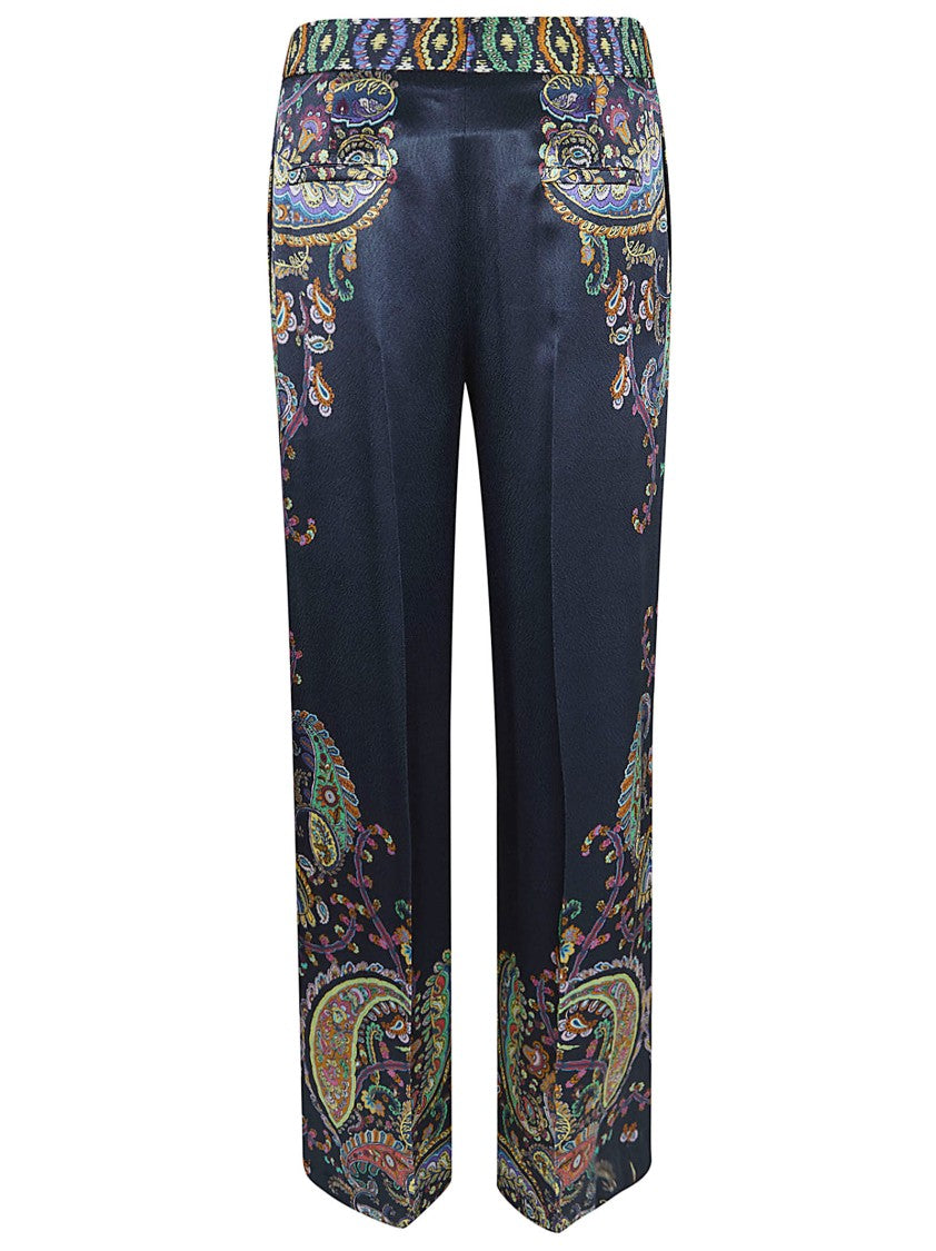 Etro High-Waisted Black Satin-Finish Wide-Leg Trousers With Iconic Print