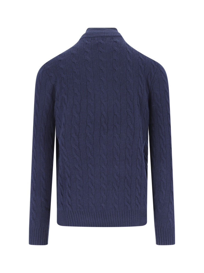 Polo Ralph Lauren Blue Cable Knit Wool-Cashmere Zip-Through Knit
