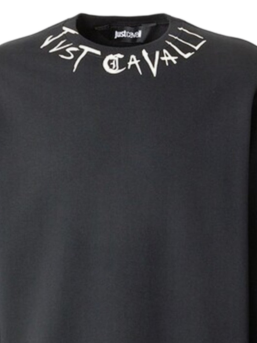 Just Cavalli Black Cotton Sweatshirt With Signature Logo Neckline