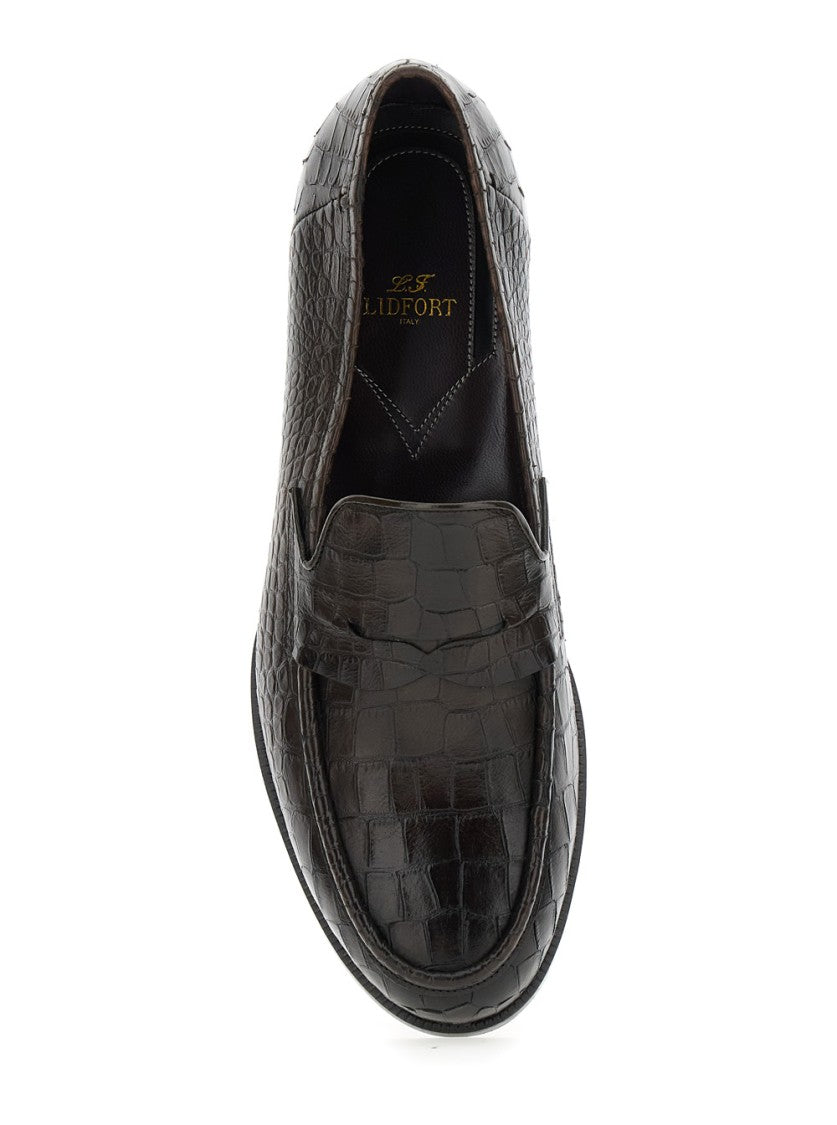 Lidfort Textured Crocodile Pattern Black Calf Leather Loafers