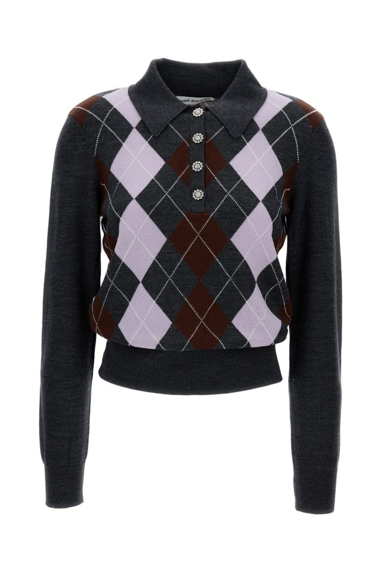 Self-Portrait Wool Polo Sweater With Diamond Pattern