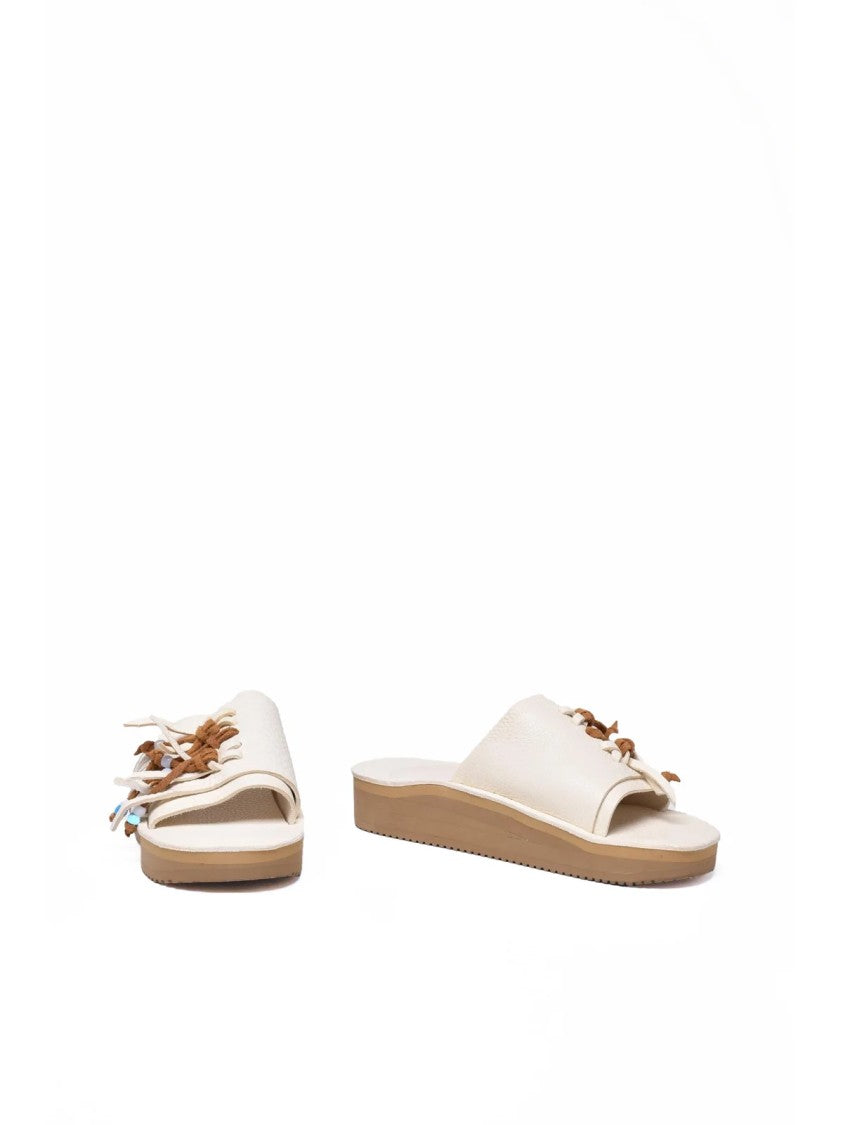 Corbi & Sons White Fringe Leather Platform Slide Sandals