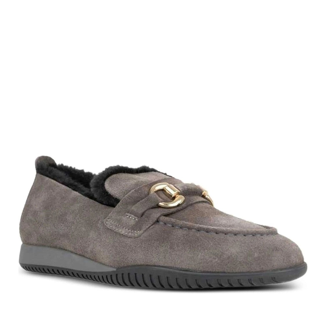 Sergio Moretti Black Fur-Lined Gold-Tone Detail Sleek Suede Loafers