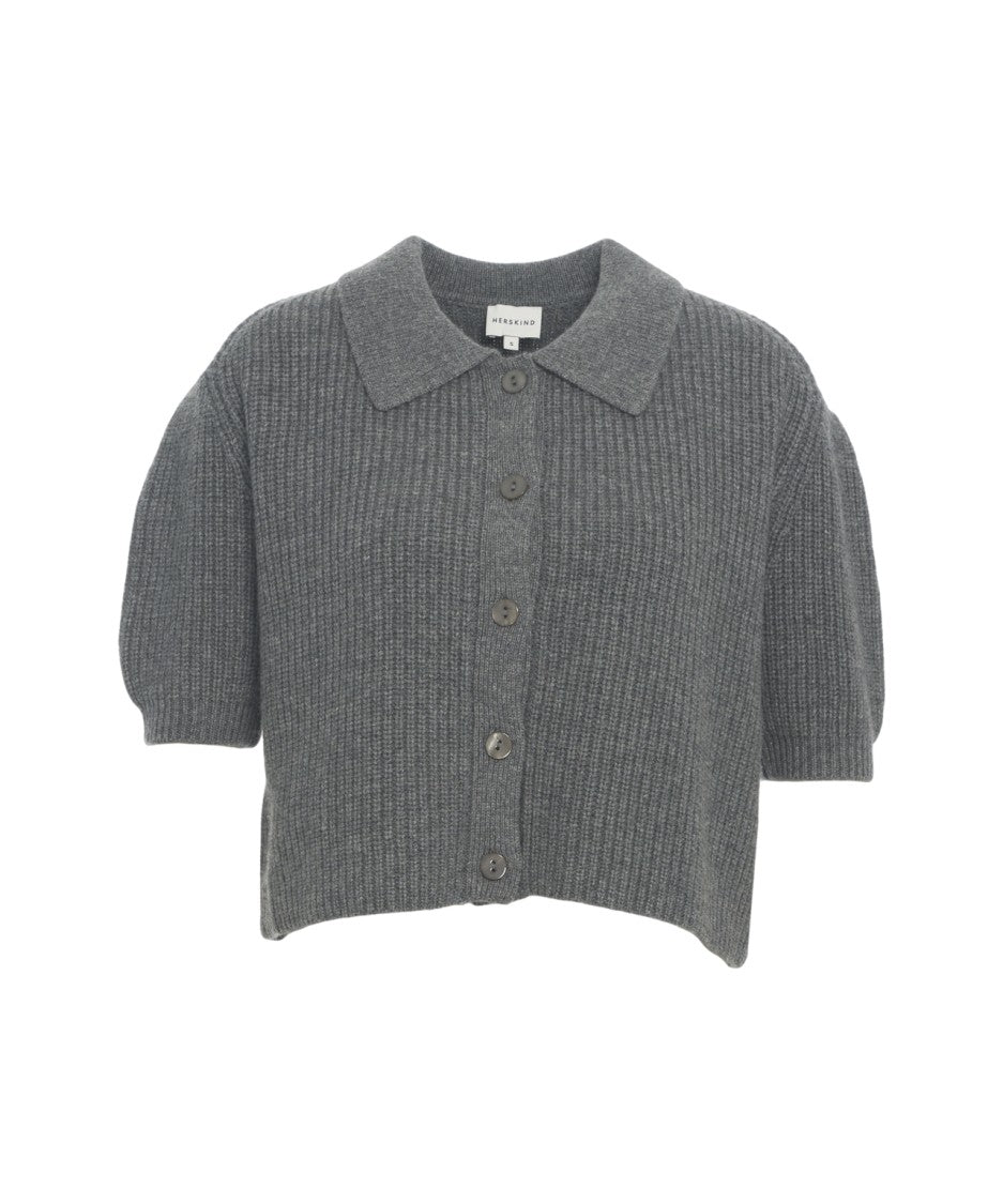 Herskind Cropped Cardigan With Classic Collar And Ribbed Texture