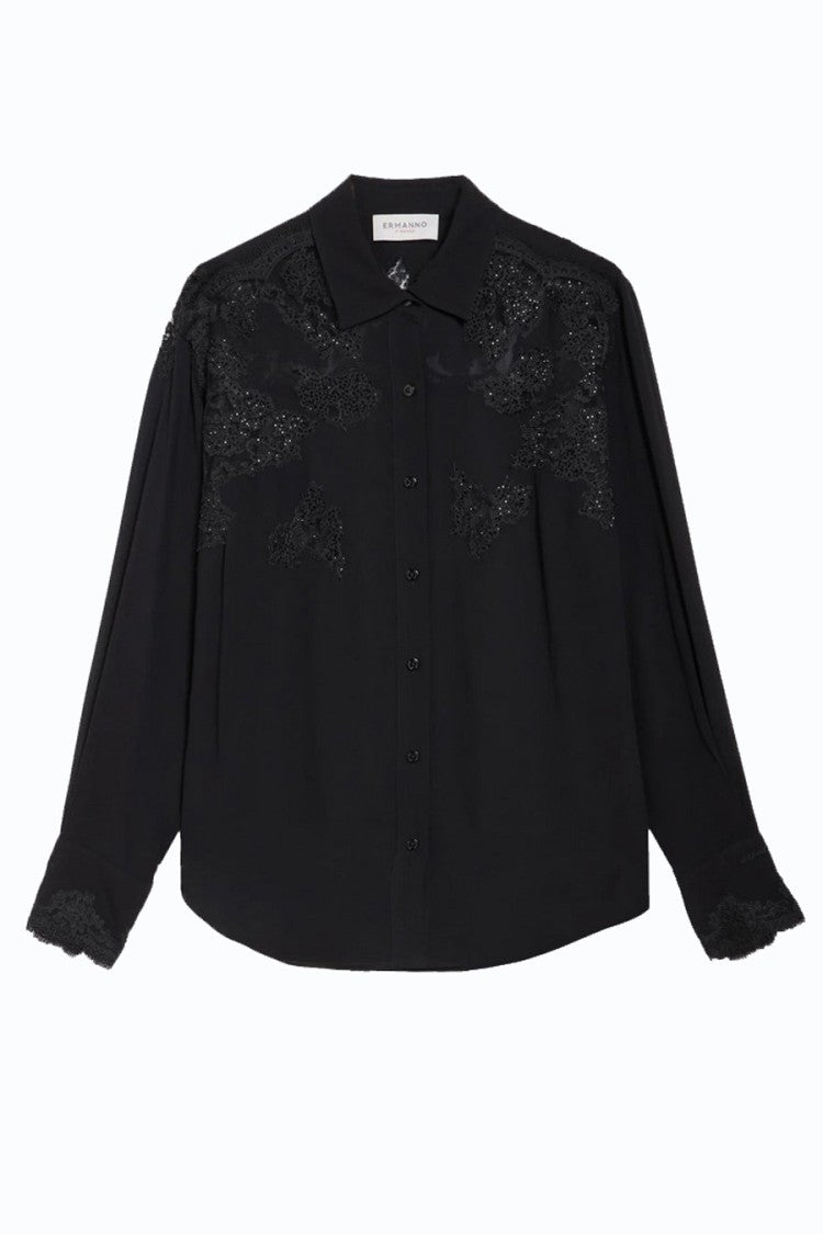 Ermanno Black Floral Lace Yoke Viscose Shirt