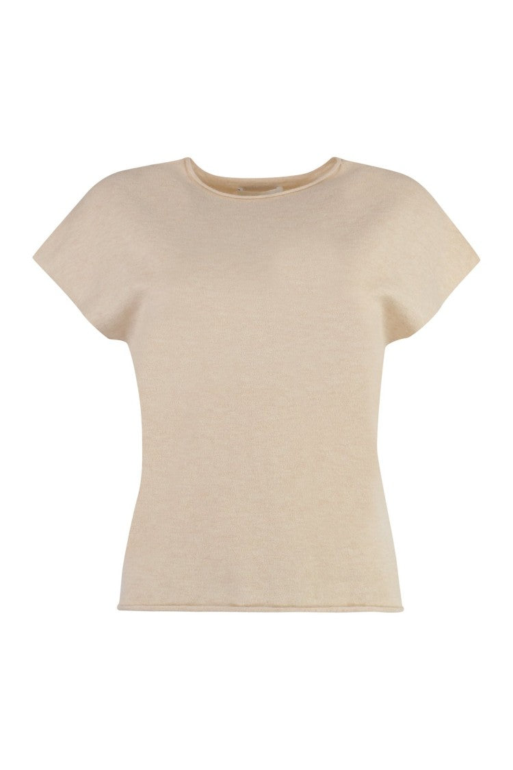 Vince Short Sleeve Beige Knit Tee With Wool