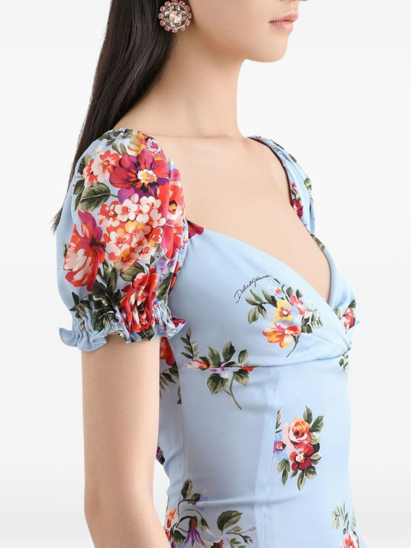 Dolce & Gabbana Blue Flower Bouquet Printed Dress
