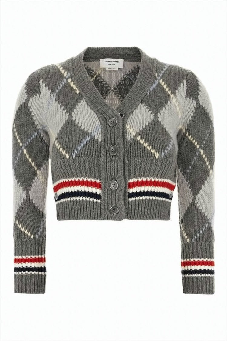 Thom Browne Cropped Argyle Cardigan With Striped Detailing