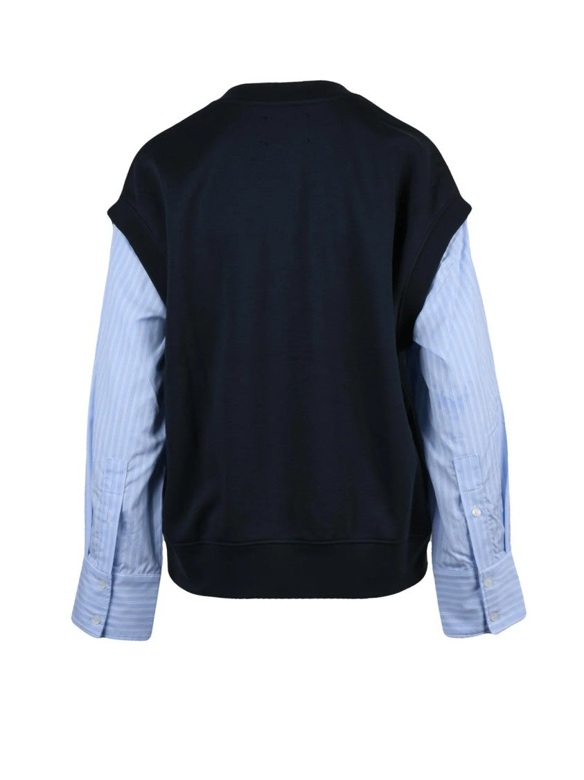 Woc Writing On Cover Blue Layered Striped Sleeve Cotton-Blend Sweatshirt
