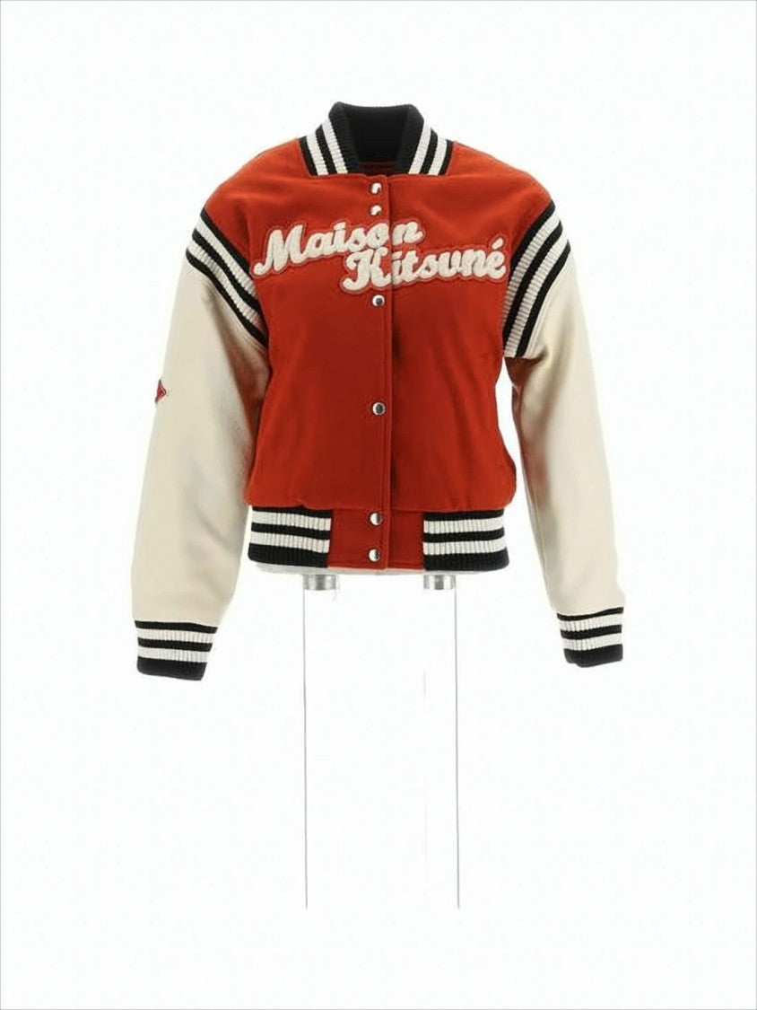 Maison Kitsuné Burnt Orange Wool Varsity Jacket With Textured Logo Patch