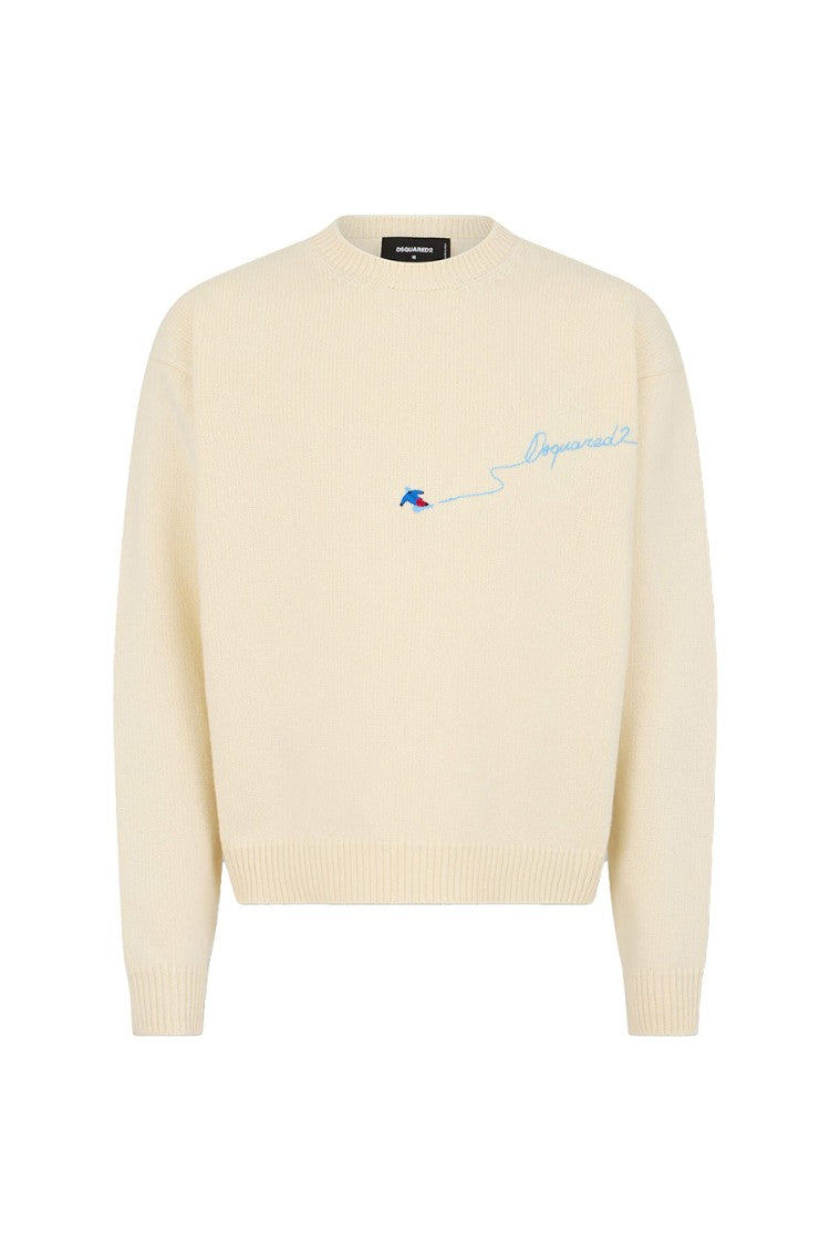 Dsquared2 Cream Wool Embroidered-Logo Sweater