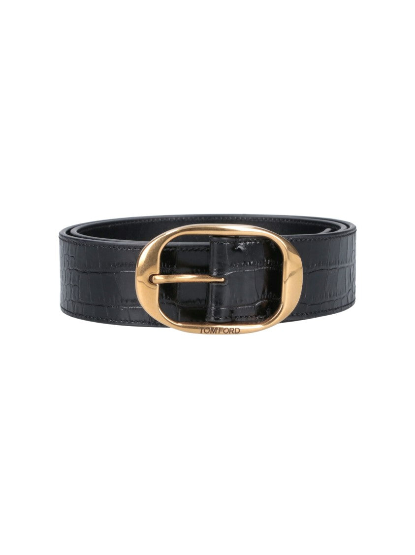 Tom Ford Crocodile-Embossed Calf Leather Belt With Gold-Tone Buckle