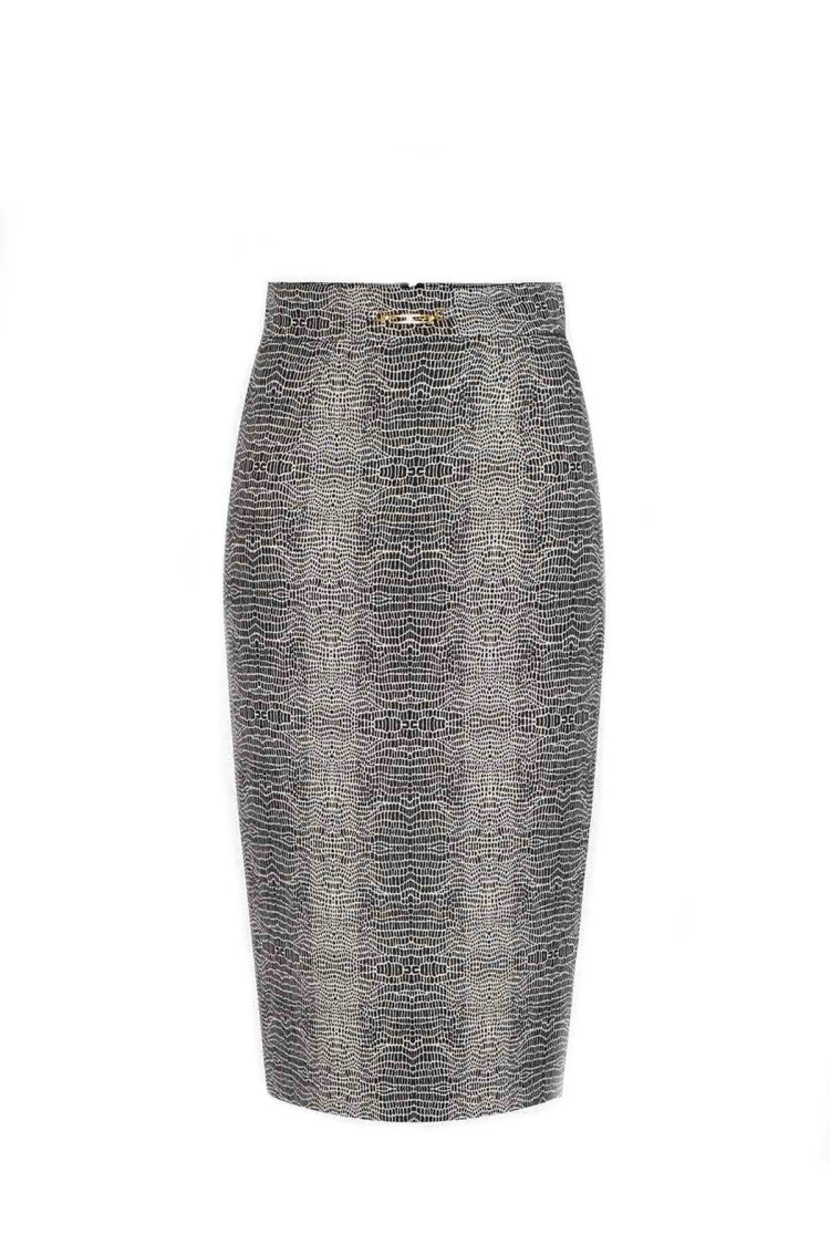 Elisabetta Franchi Grey Reptile-Print Gold Buckle Viscose-Blend Pencil Skirt