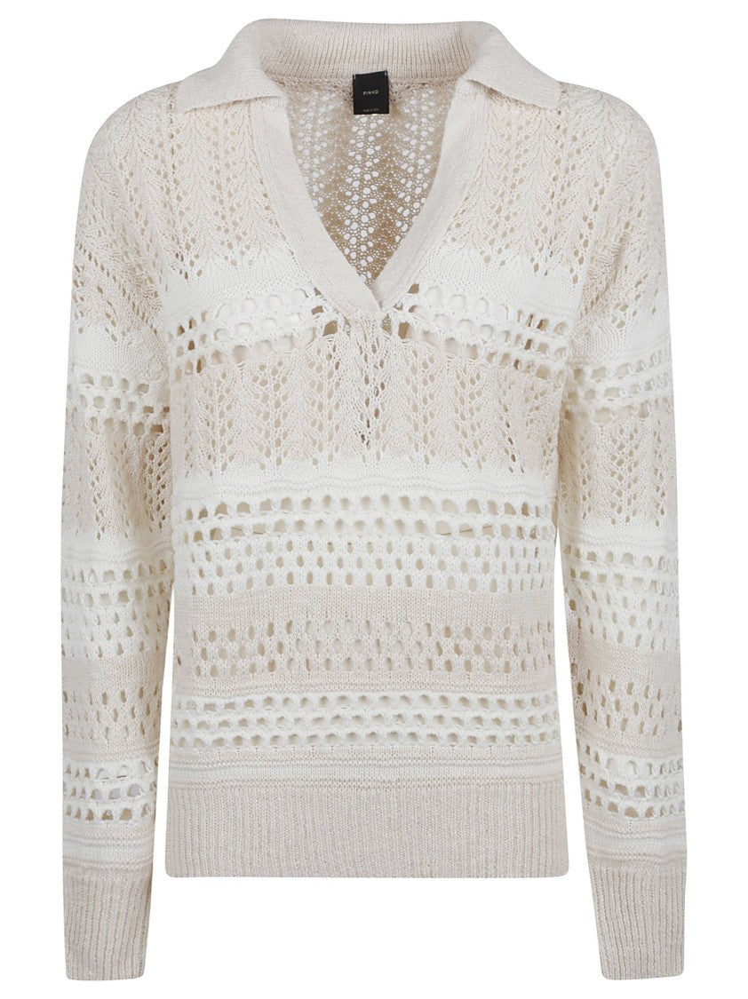 Pinko V-Neck White Sweater With Intricate Knit Patterns