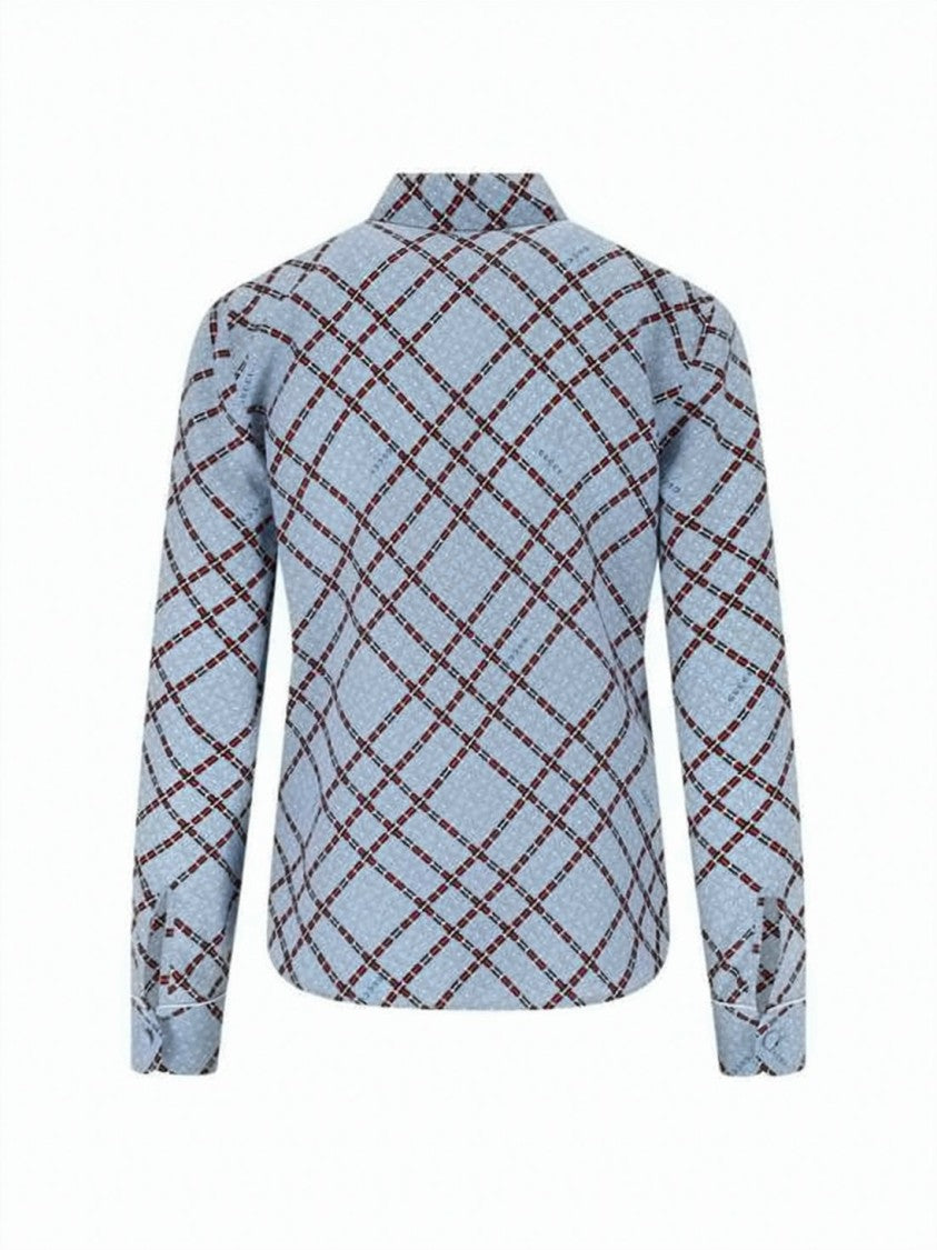 Gucci Light Blue Geometric Silk Blouse With Classic Collar