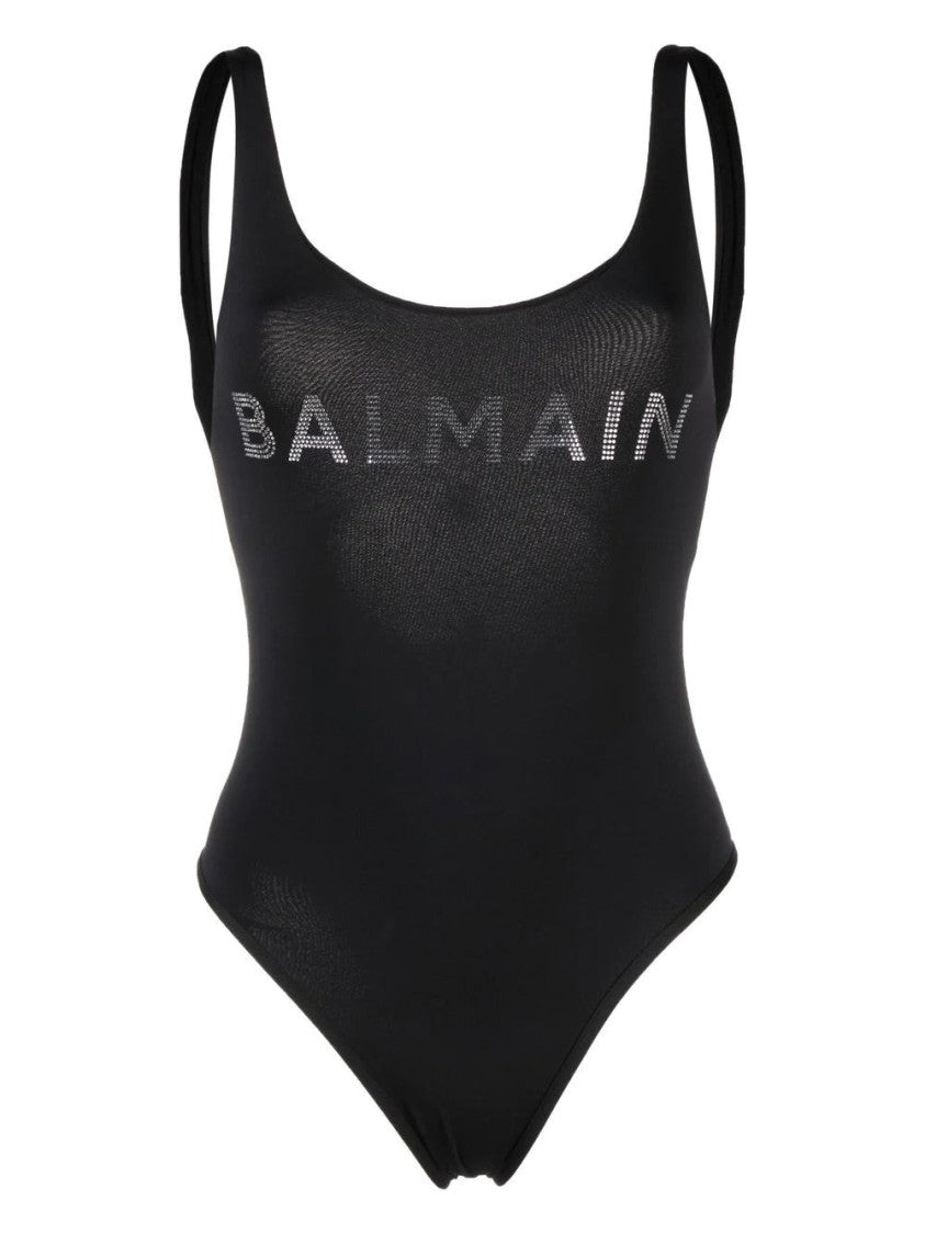 Balmain Scoop Neck Swimsuit With Rhinestone Logo Embellishment