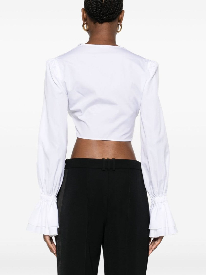 Balmain White Cropped Ruffled V-Neck Top