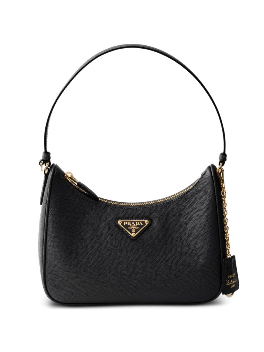 Prada Structured Black Calf Leather Handbag With Gold Accents
