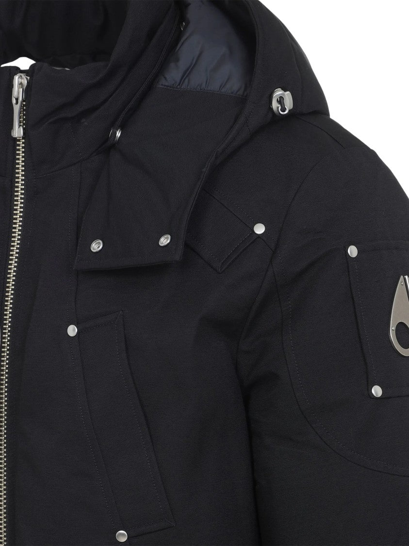 Moose Knuckles Padded Black Bomber Jacket With High Collar And Snap Fastenings