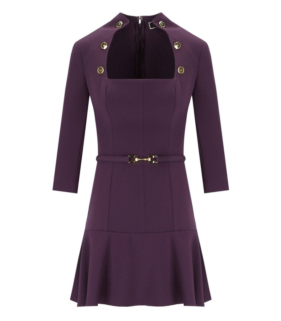 Elisabetta Franchi High-Collar Purple Dress With Gold Logo Buttons And Flounce Detail