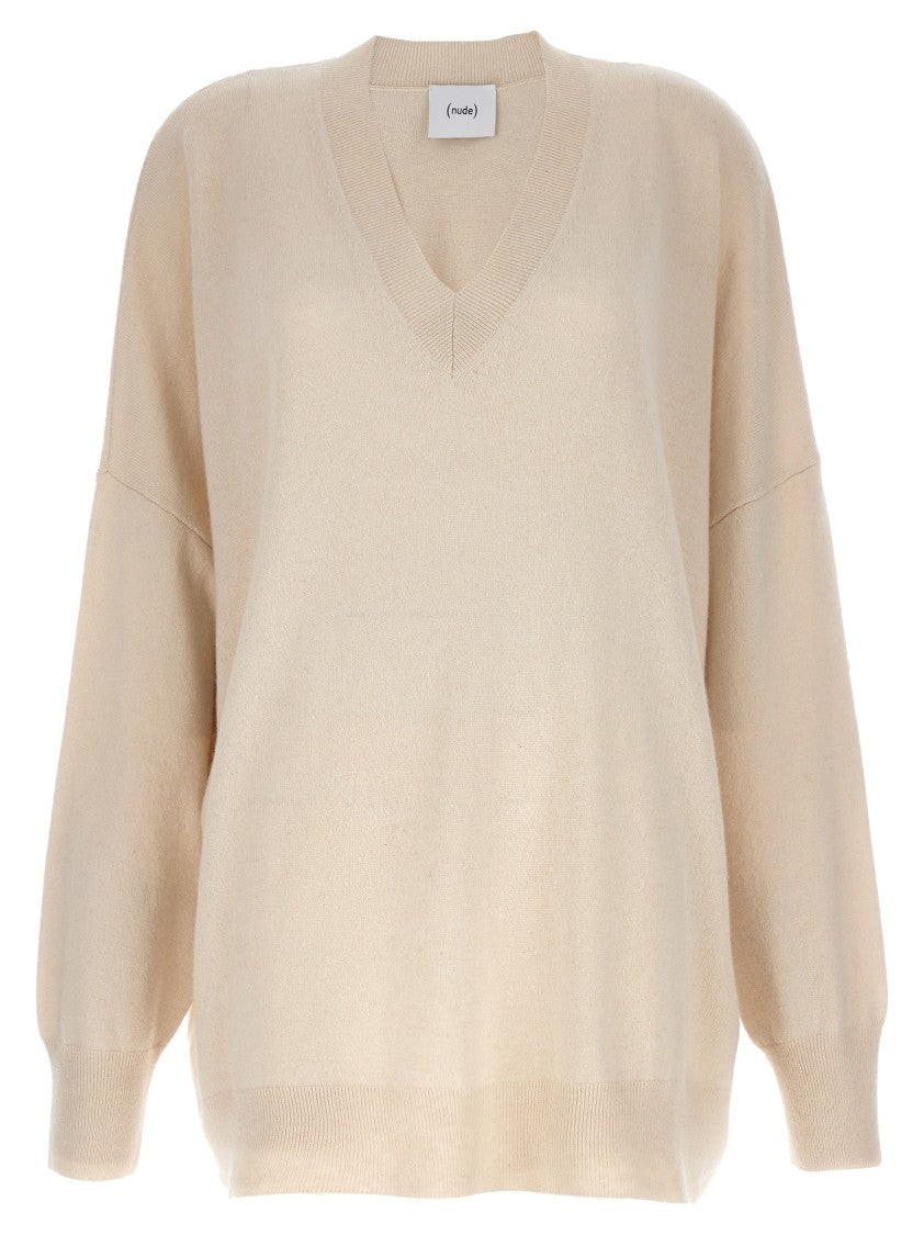 Nude V-Neck Oversized Wool Sweater With Ribbed Cuffs