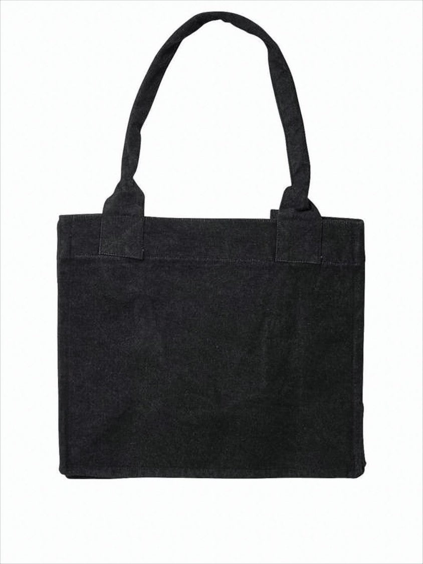 Ganni Textured Black Organic Cotton Tote With Embroidered Message