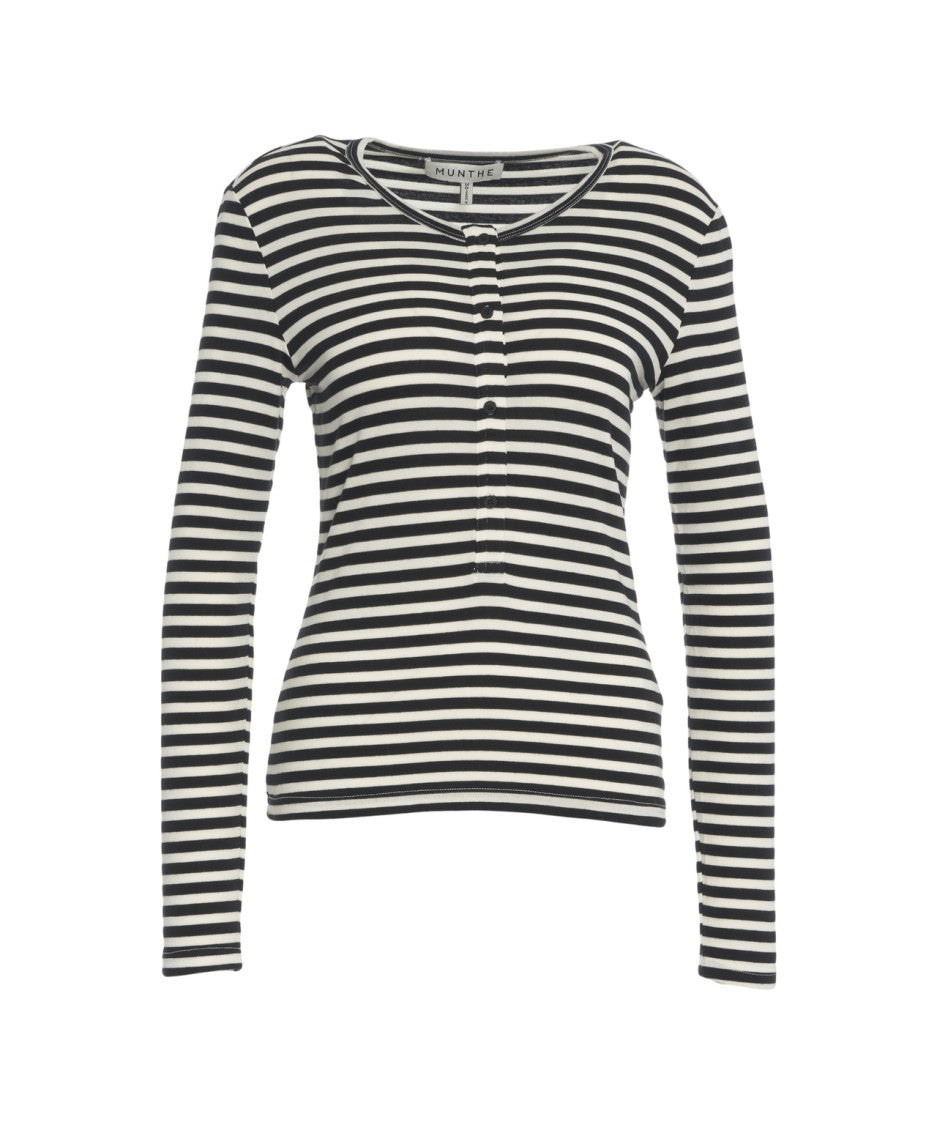 Munthe Striped Knit Top With Half-Button Placket And Fitted Silhouette