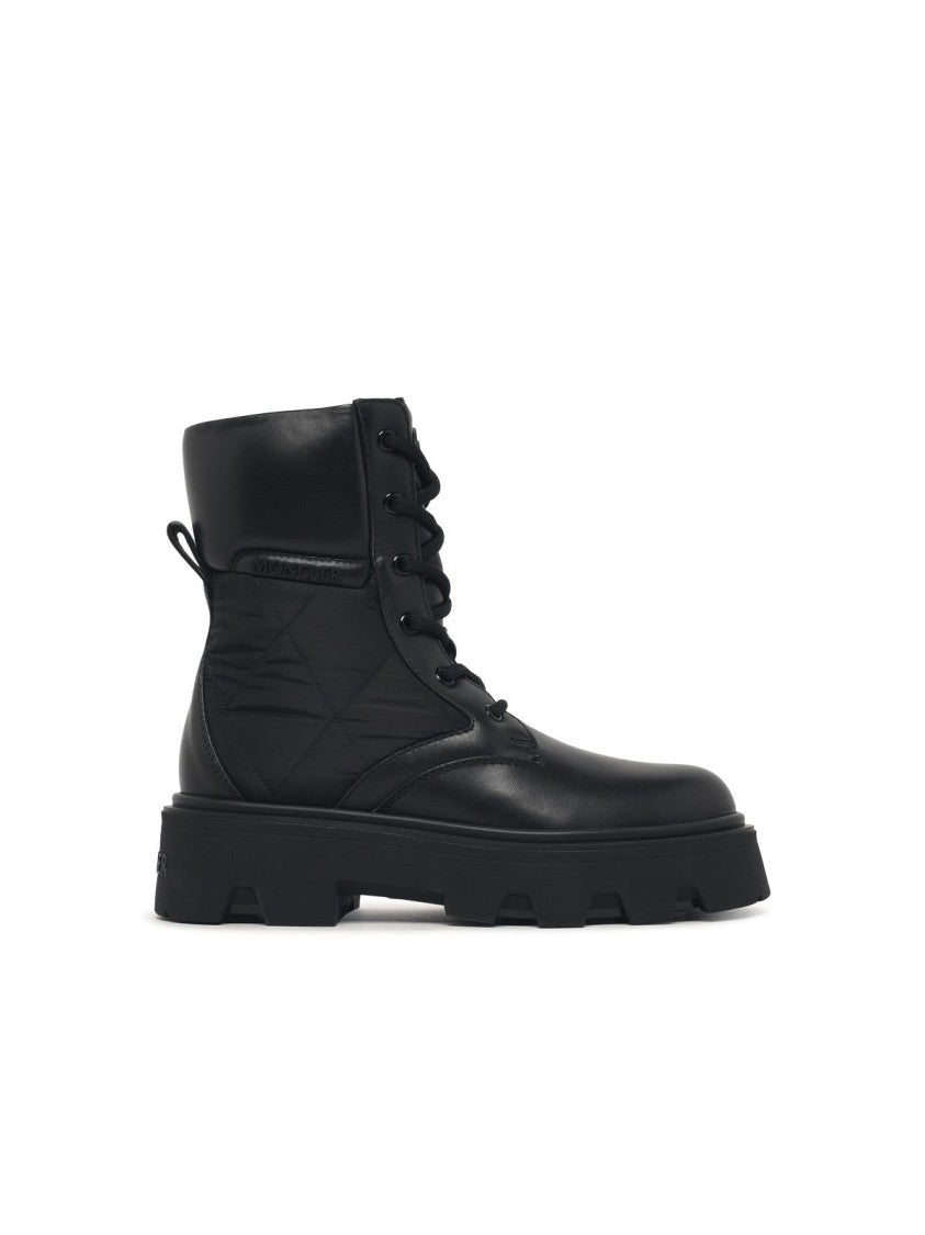 Moncler Rounded Toe Black Leather Blend Boots With Quilted Side Inserts