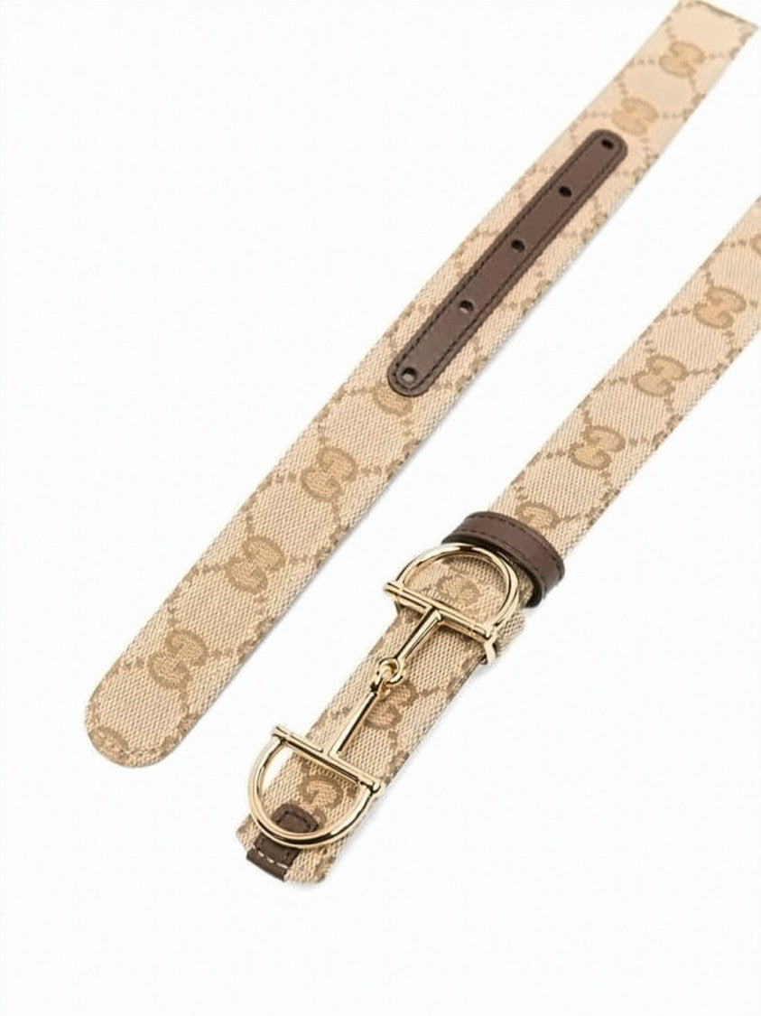Gucci Beige Canvas Belt With Gold-Tone Horsebit Buckle And Leather Accents