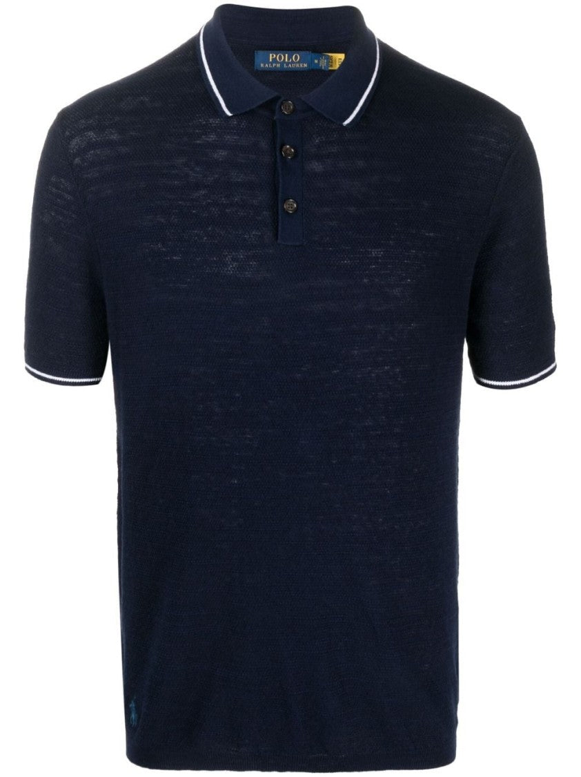 Polo Ralph Lauren Blue Short-Sleeve Piping Detail Cotton-Blend Polo Shirt