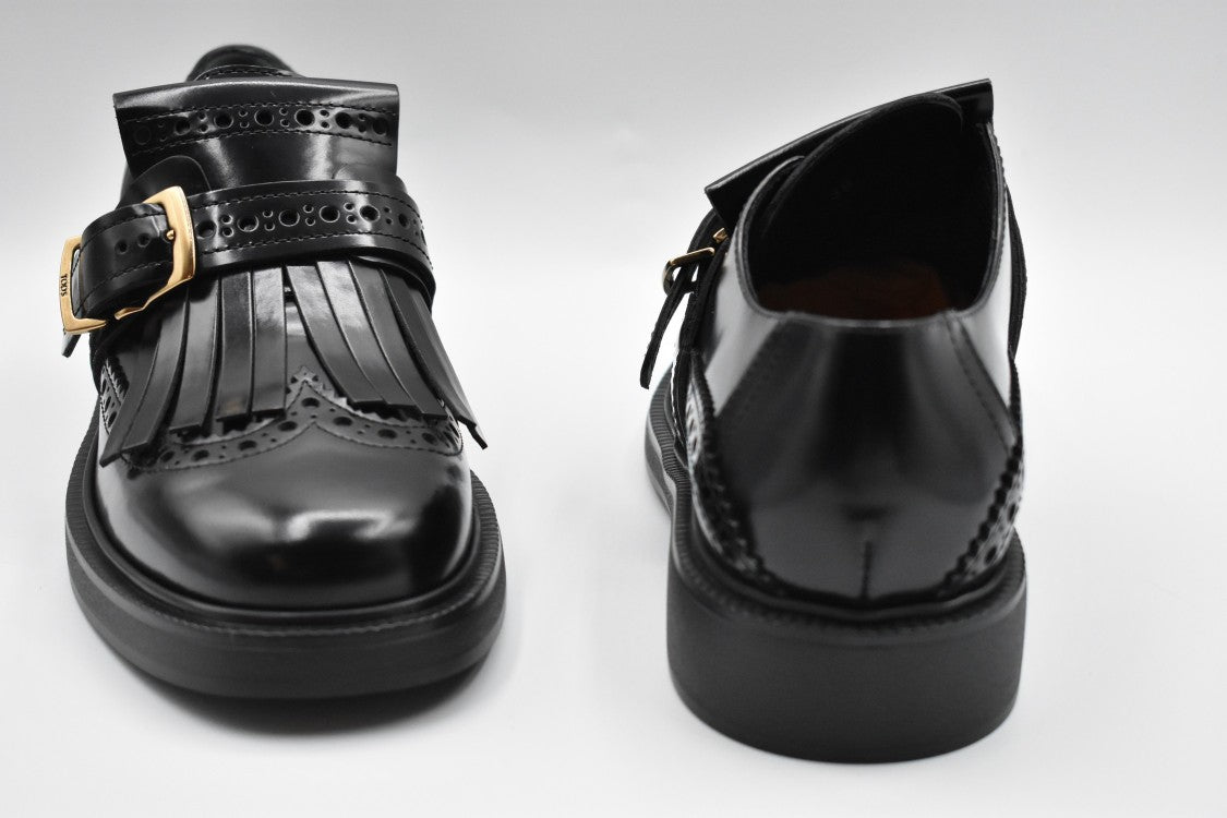 Tod's Laced Black Flat Shoes With Fringed Detail